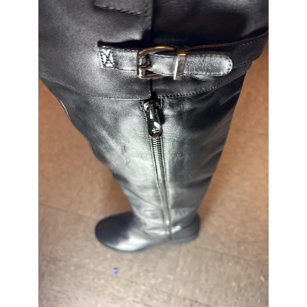 Tata Black Leather Over The Knee Boots Buckle Detail Low Block Heel Tall Boots